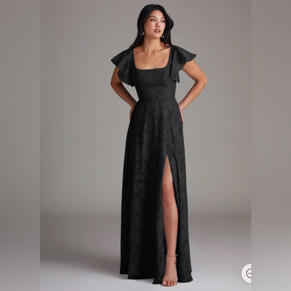 Azazie Bondi Black A Line Side Slit Floral Burnout Dress